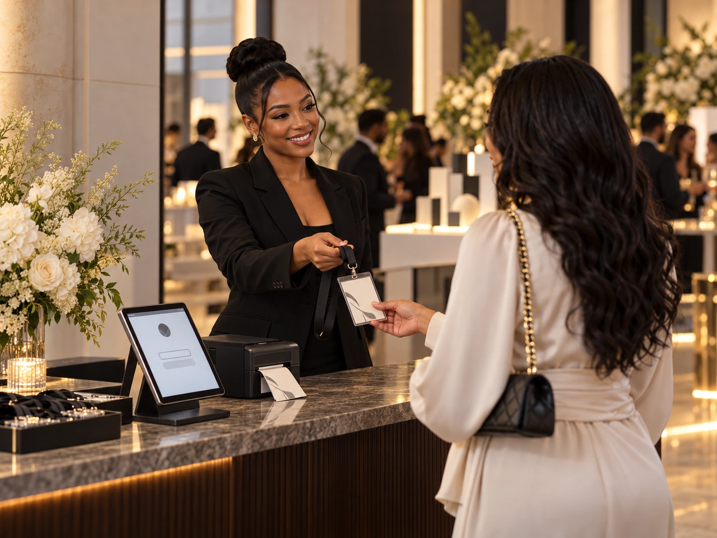 Service concept: a concierge welcomes a guest with an event badge at a brand activation check-in