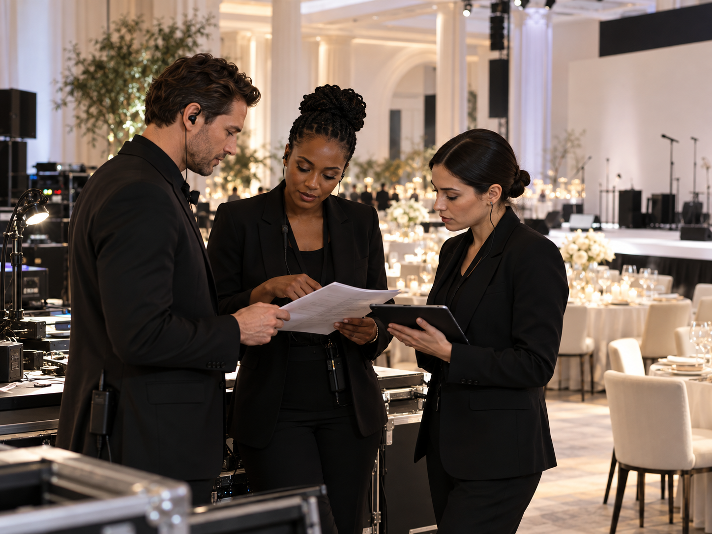 Service concept: a production team in black coordinating the plan behind the scenes